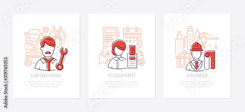Different professions - line design style banners set