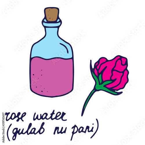 Hand drawn isolated food icon. Color fill illustration of rose water. Glass bottle and rose bud. Indian  Gulab nu pani. Esssence bottle. Rose essential oil.