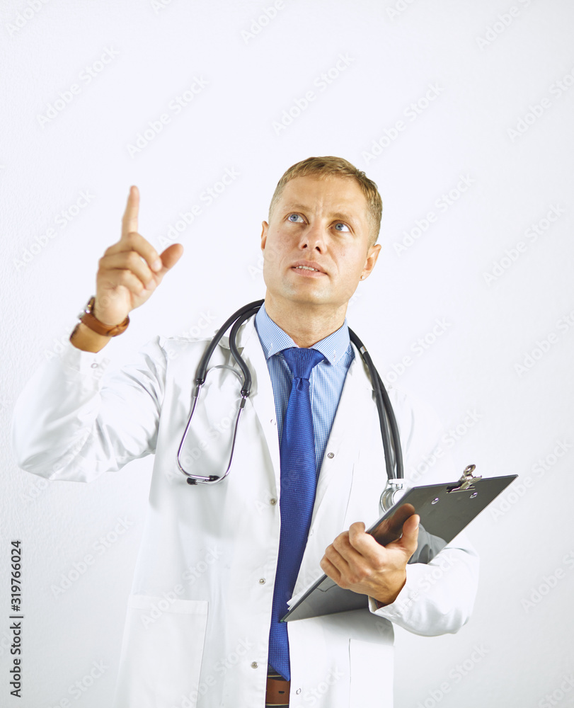 Young confident doctor in a white coat with a stethoscope Young confident doctor in a white coat with a stethoscope