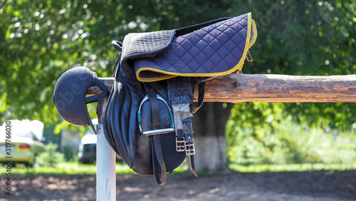 Saddles harnesses made of handmade leather. Leather equipment for riding horses