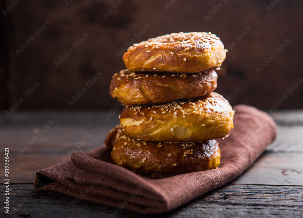 Bagel sesame golden bake color, soft inside, crispy outside. top view