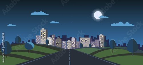 Night cityscape with nature landscape vector illustration.Public park and night town with moon and sky.Dark scene with road to city.Building night view