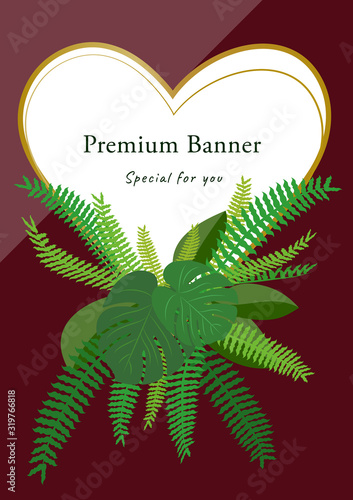 Luxury banner for valentines festival, Golden heart on red wine background decorate with green plants, floral ferns vectors and illustration