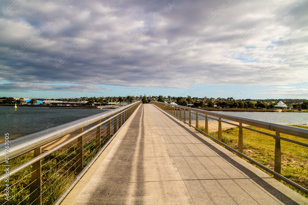 The 190 metre long Cunninghame Arm Footbridge at the Lakes Entrance in Victoria, Australia.