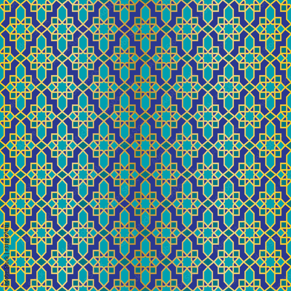 seamless blue gold ornate Moroccan tile pattern