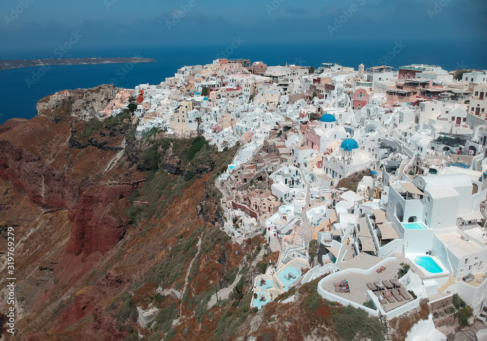 Aerial view on the island Santorini at summer sunny weather, Greece