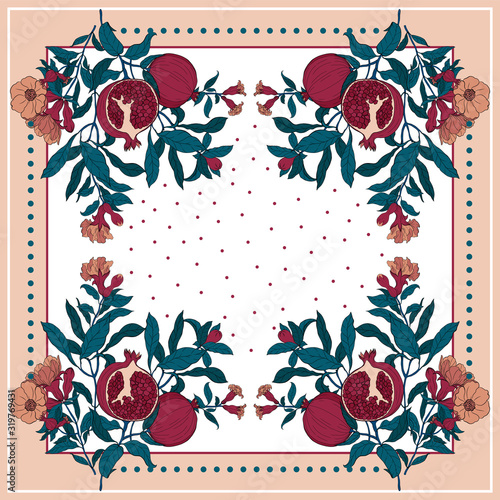 Silk scarf with pomegranate branch with fruits and flowers.
