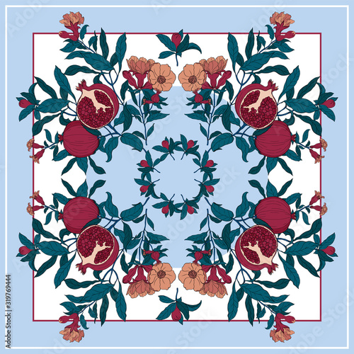 Silk scarf with pomegranate branch with fruits and flowers.