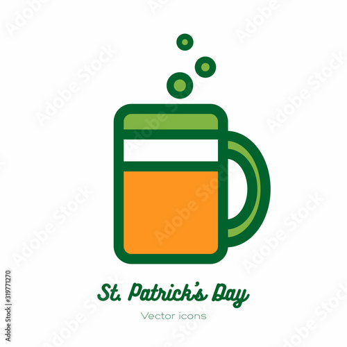 Saint Patricks day beer glass, pint mug, tankard vector icon. Orange green line art flat icon for logo, sign, button. Minimalist st Patricks day menu, flyer, poster. Isolated Patrick beer drinkware.