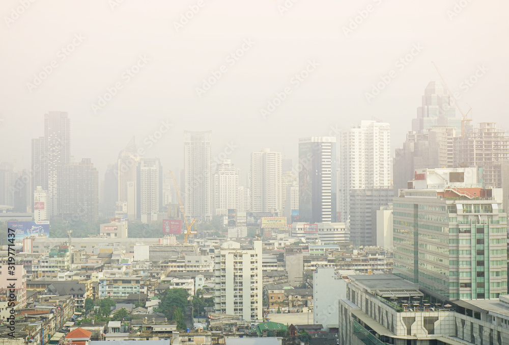 Bangkok, THAILAND -JANUARY 18, 2020.Bangkok city with PM. Dust 2.5 floating in the air That is pollution to the people. Bangkok, THAILAND -JANUARY 18, 2020.Bangkok city with PM. Dust 2.5 floating in the air That is pollution to the people.