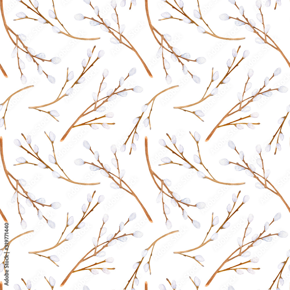 Watercolor pussy willow branches seamless pattern. Hand drawn tree twigs with buds isolated on white background. Illustration for cards, postcard, cover design, invitation, Easter decoration.