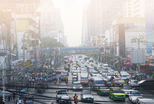 Bangkok, THAILAND -JANUARY 18, 2020.Bangkok Pratunum Traffic jams with PM. Dust 2.5 floating in the air That is pollution to the people. photo