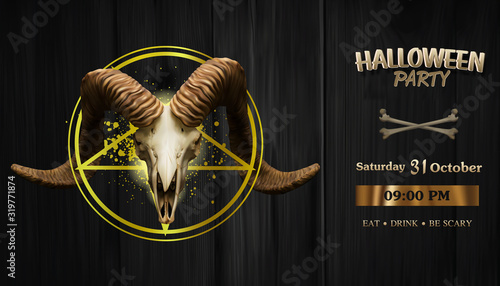 Vector Illustration Of Realistic Satan goat skull on Satan Star.Halloween party.dark brown wooden 
