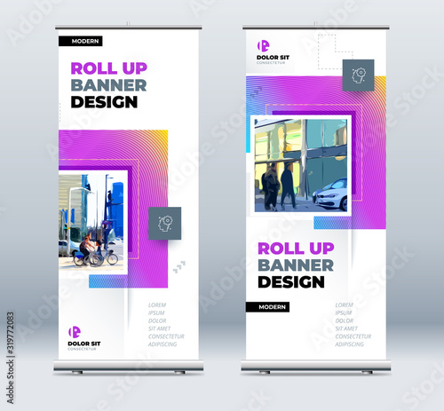 Blue Business Roll Up Banner. Abstract Roll up background for Presentation. Vertical roll up, x-stand, exhibition display, Retractable banner stand or flag design layout for conference. Set - GB075.