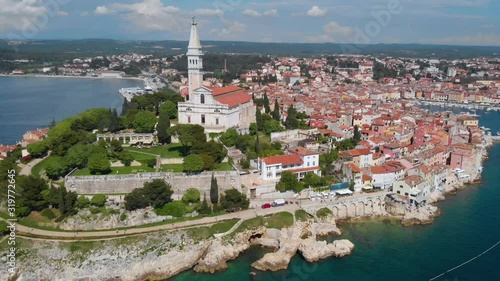 Aerial panoramic shot over the Rovinj old town. Rovinj, Croatia. photo