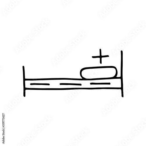 Medicine bed, medical equipment cartoon doodle hand drawn vector illustration, icon, sticker. Black line art design. Isolated on white background. Easy to change color. Medicine, health care.