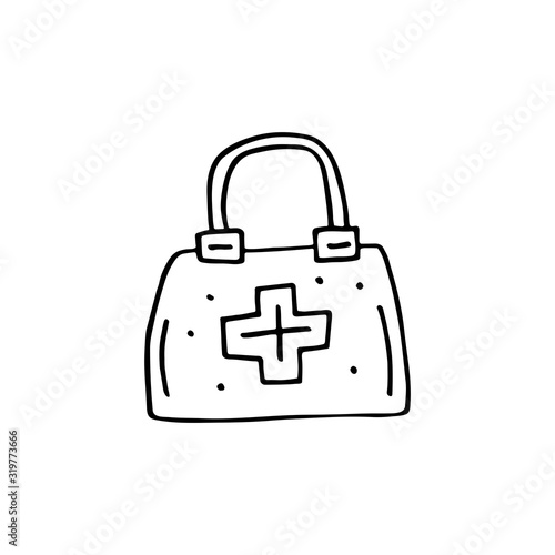 Emergency bag cartoon doodle hand drawn vector illustration, icon, sticker. Black line art design. Isolated on white background. Easy to change color. Medicine, health care, protection.