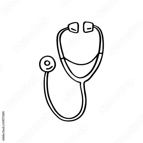 Stethoscope, medical equipment cartoon doodle hand drawn vector illustration, icon, sticker. Black line art design. Isolated on white background. Easy to change color. Medicine, health care.
