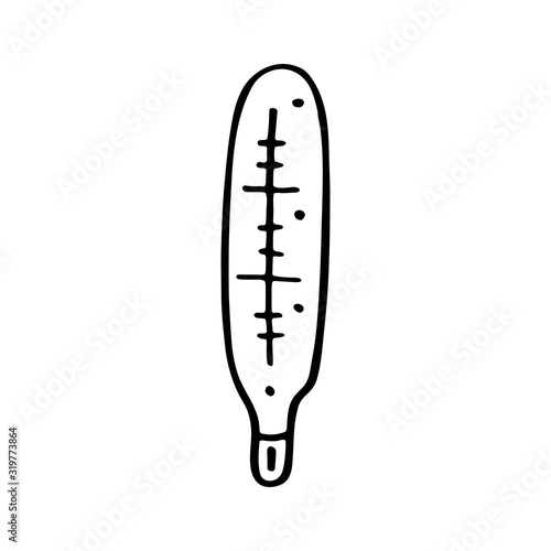 Medical thermometer cartoon doodle hand drawn vector illustration, icon, sticker. Black line art design. Isolated on white background. Easy to change color. Medicine, health care, protection.