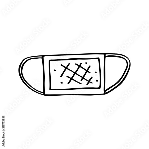 Medical face mask cartoon doodle hand drawn vector illustration, icon, sticker. Black line art design. Isolated on white background. Easy to change color. Medicine, health care, protection.