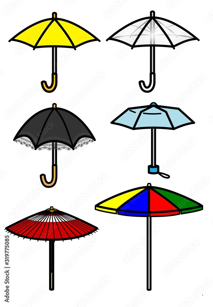 晴れの日や雨の日に使用するさまざまな色や形の傘