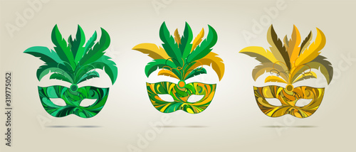 Green and yellow carnival mask set. Vector illustration.