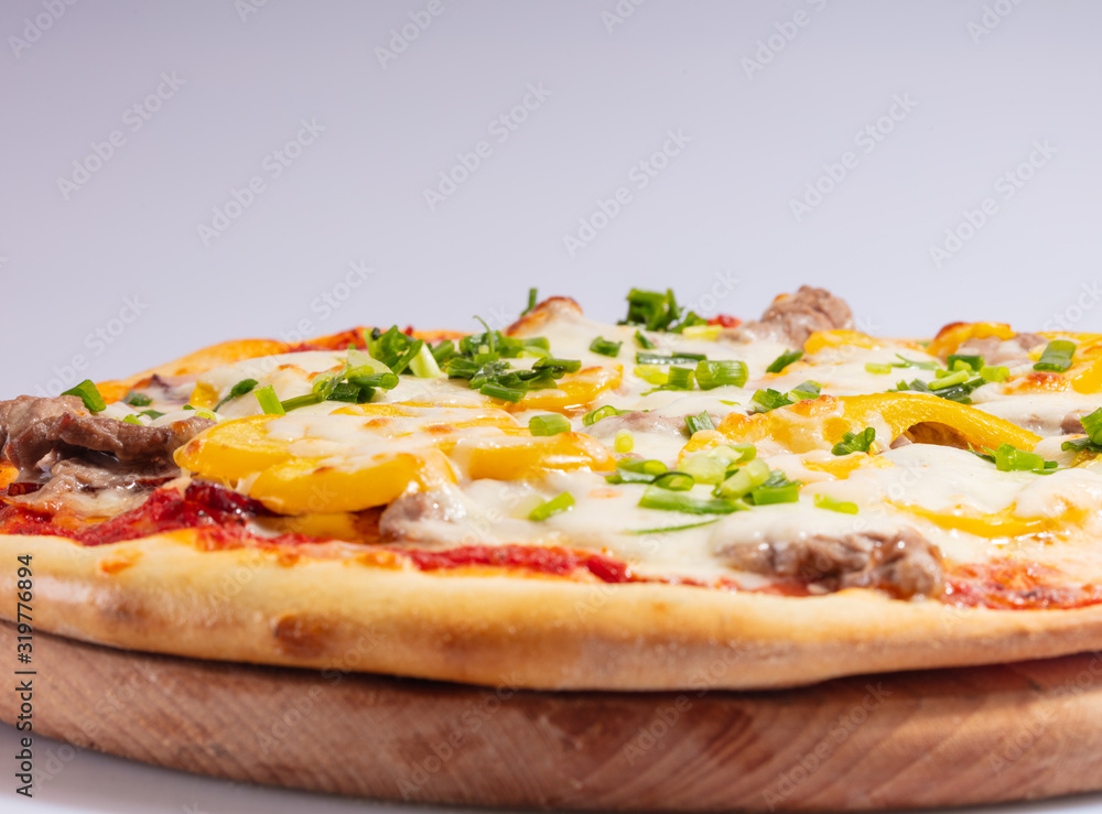 Close up Italian hot Pizza isolated on white background. Studio photo. Food concept.