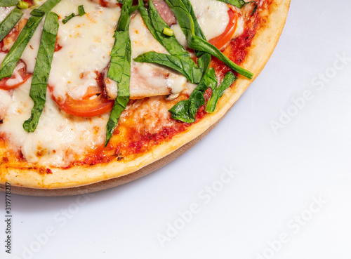 Close up Italian hot Pizza isolated on white background. Studio photo. Food concept.