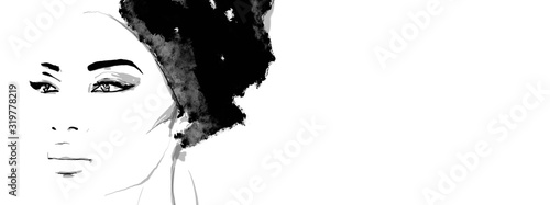 African American illustration for fashion banner. Trendy woman model background. Afro hair style girl Dhuku