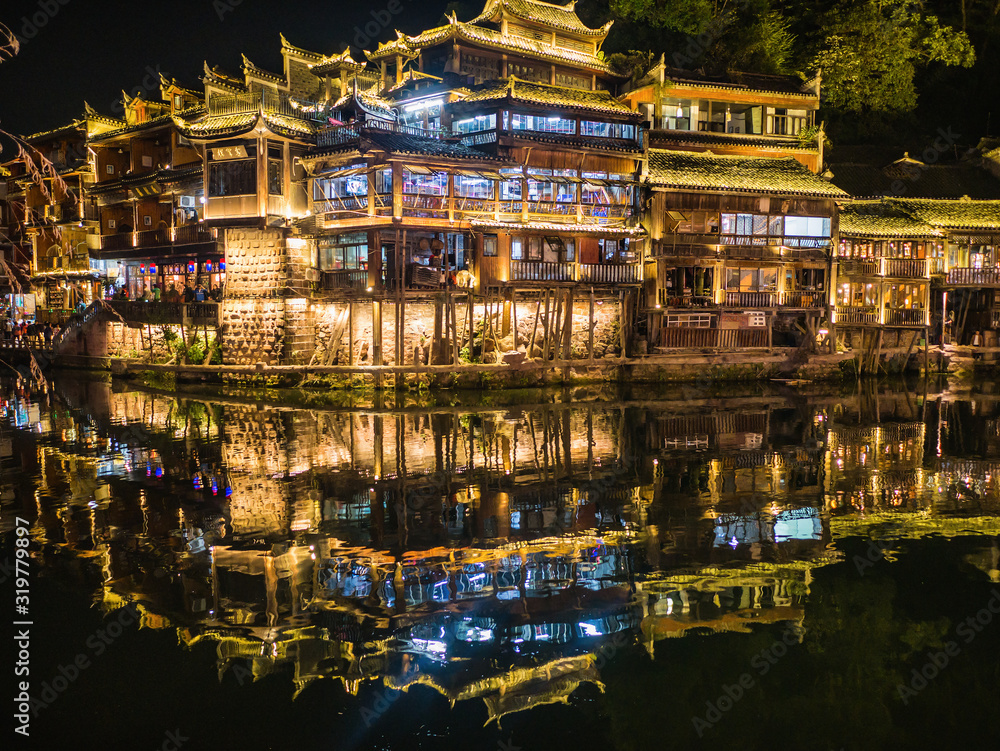 Scenery view in the night of fenghuang old town .phoenix ancient town or Fenghuang County is a county of Hunan Province, China