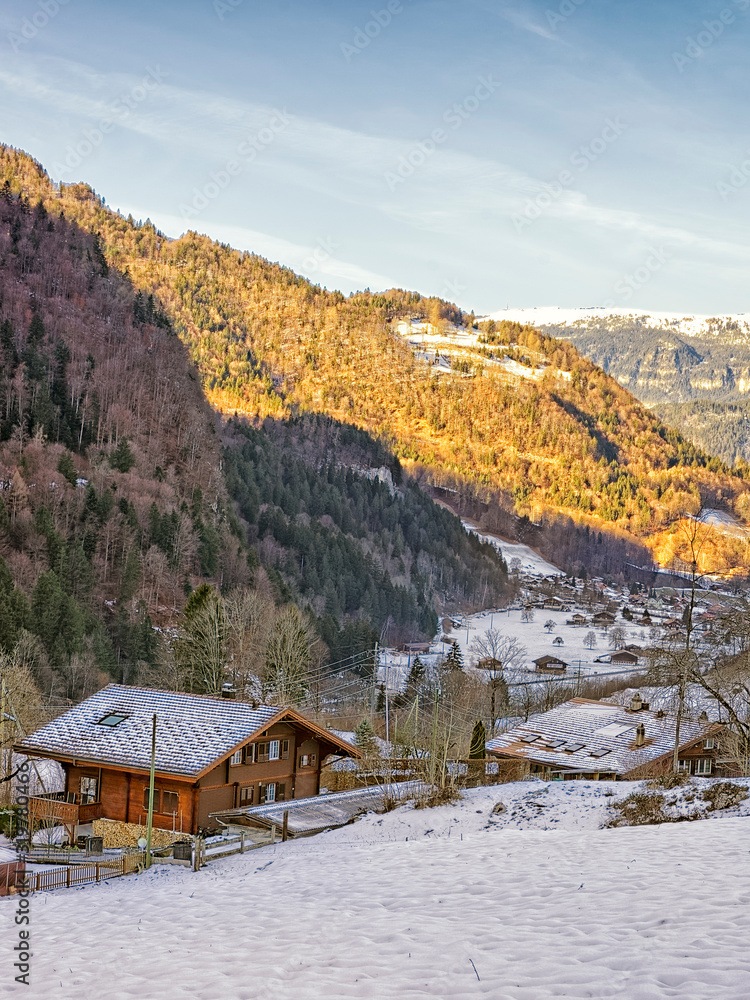 Swiss village of Gsteigwiler in the mountain valley in winter