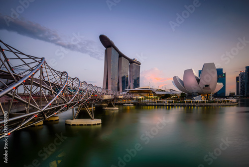 Marina Bay and iconic view with the bridge, central business district
