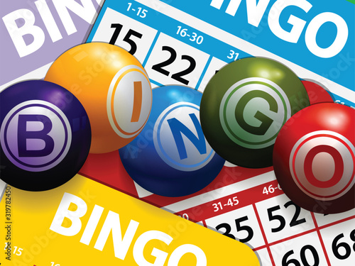 3D Bingo balls on bingo cards photo