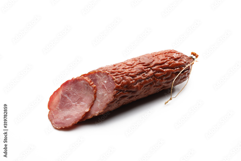 Krakowska - traditional dry smoked sausage isolated on a white background. Krakowska - traditional dry smoked sausage isolated on a white background.