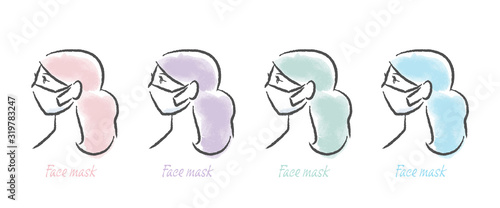 風邪・感染症予防・マスクイメージ素材：マスクを着けた横向きの女性のシンプルなイラスト