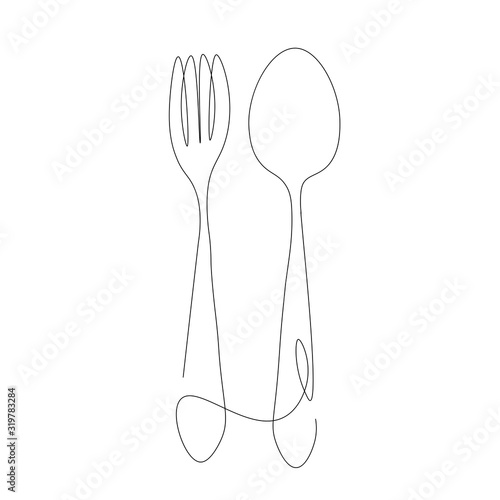 Spoon and fork line drawing on white background vector illustration