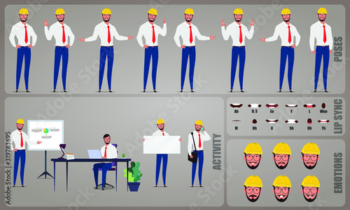 Engineer or Architect worker character Set. Collection of character body Poses, facial gestures, Engineer  activities and Lip syncs poses. Ready-to-use and animate, character set. Vector illustration. photo