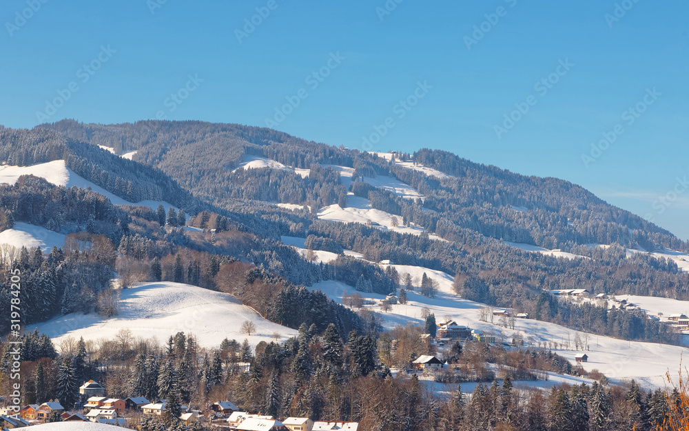 Picturesque mountain landscape near the castle of Gruyeres with snow-covered trees under the clear sky and Swiss Alps in the background