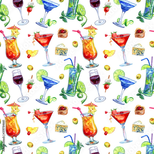 Seamless pattern of drinks, cocktails and snacks on a white background, watercolor illustration with food and drink, print for fabric and other designs.
