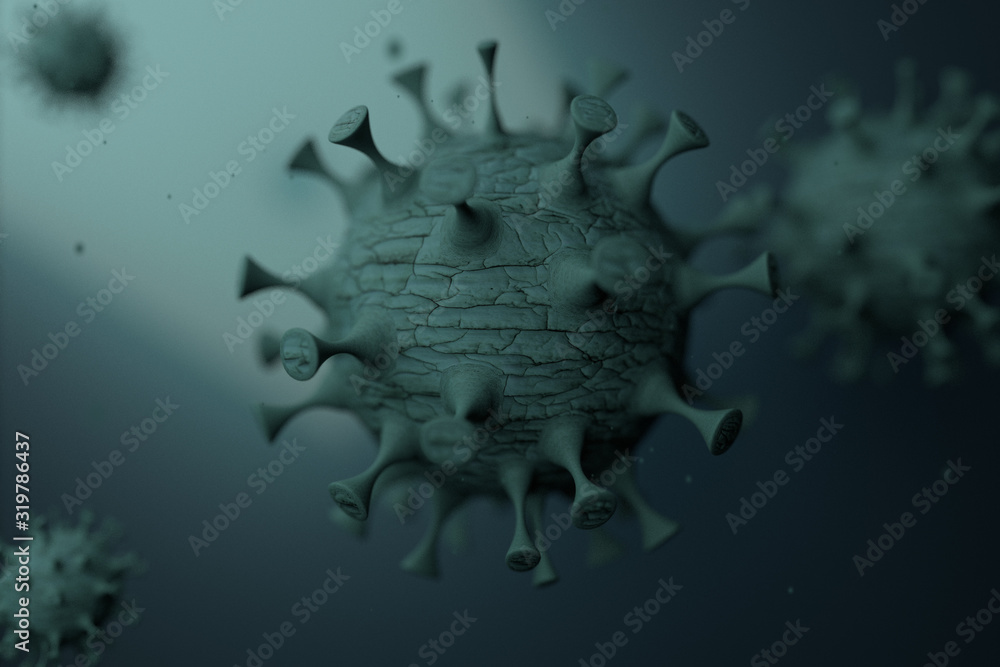  Coronavirus or Virus group of blue cells through a Microscopic view floating in fluid 3D illustration