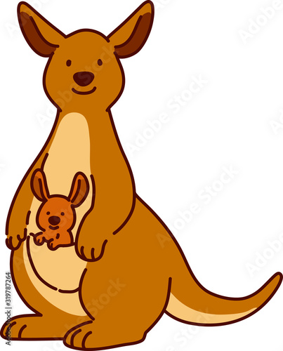 Outlined brown kangaroo mother with baby