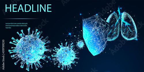 Human lungs. Sars disease, coronaviruses in the lung. The coronavirus causes the severe illness SARS (Severe Acute Respiratory Syndrome). Low poly wireframe style. Vector photo