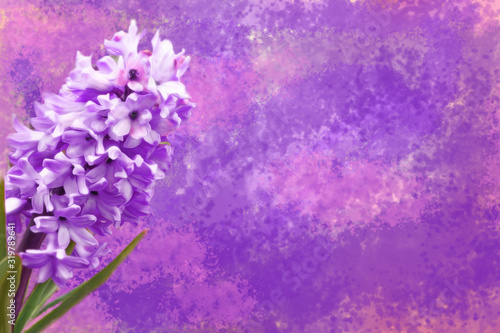 Lilac hyacinth on a watercolor background in purple tones, suitable for postcards and greetings