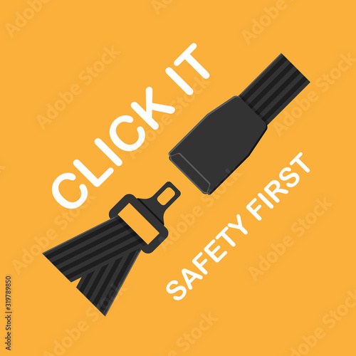 Vector seat belt icon isolated on yellow background. Click it concept. Safety equipment for car and plane.	