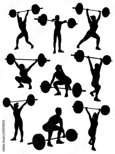  silhouettes of weightlifters with a barbell vector