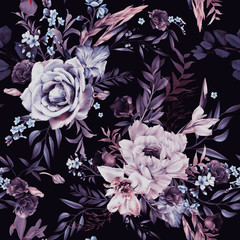 Stickers Vintage bloemen patronen Botanische bloemen op donkere achtergrond  © ola-la