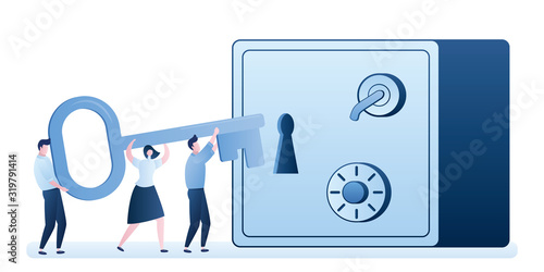 Metal deposit safe with key hole and business people holding big key. Successful business concept background.
