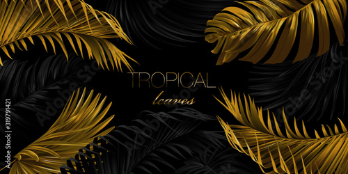 Vector horizontal banner with gold, silver and black tropical leaves on dark background. Luxury exotic botanical design for cosmetics, spa, perfume, health care products, wedding. Best as web banner
