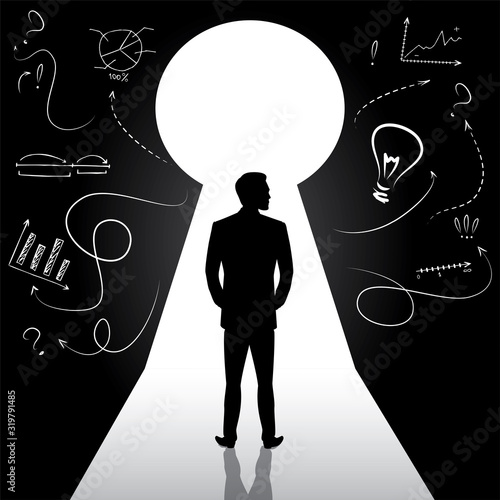 Businessman or scientist silhouette standing front of door keyhole. Male character back view.