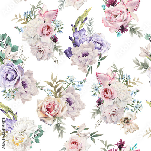 Seamless floral pattern with flowers on light background, watercolor. Template design for textiles, interior, clothes, wallpaper. Botanical art